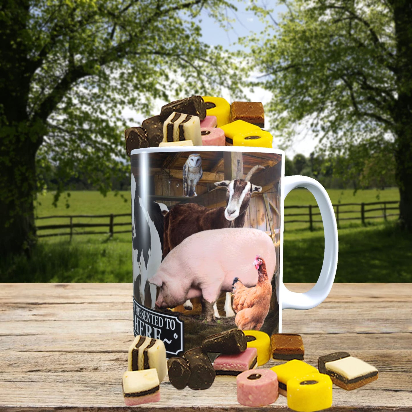 Farm Animals Barn Gathering Personalised Mug with a Choice of Sweets Gift