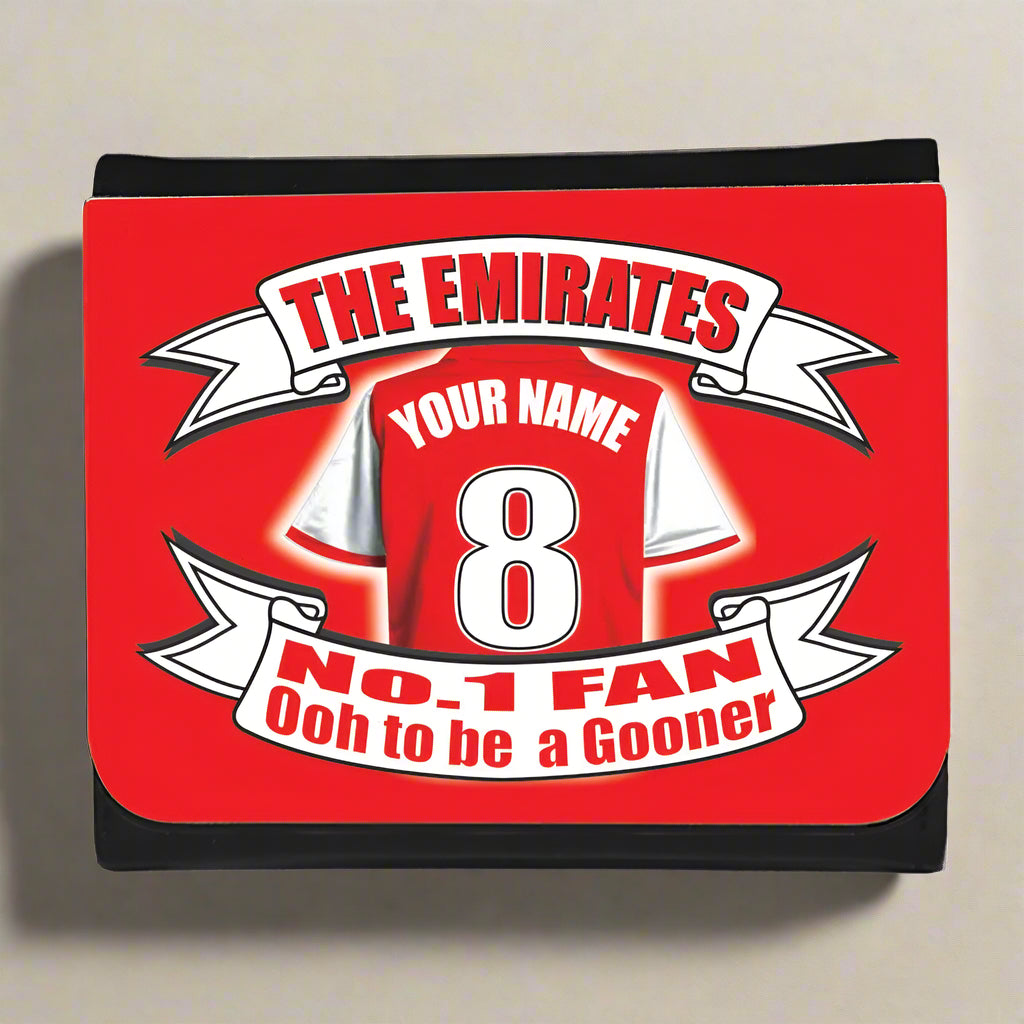 Red wallet with sports jersey design and text on a white background