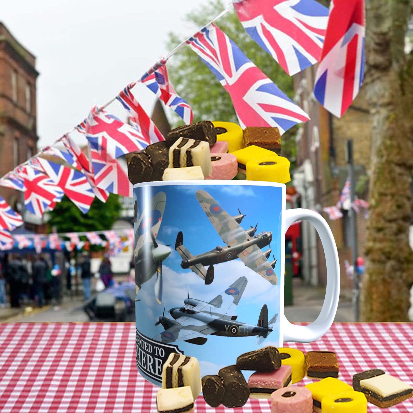 VE Day Battle of Britain WWII Iconic War Planes Spitfire Lancaster Personalised Mug with Choice of Sweets Gift