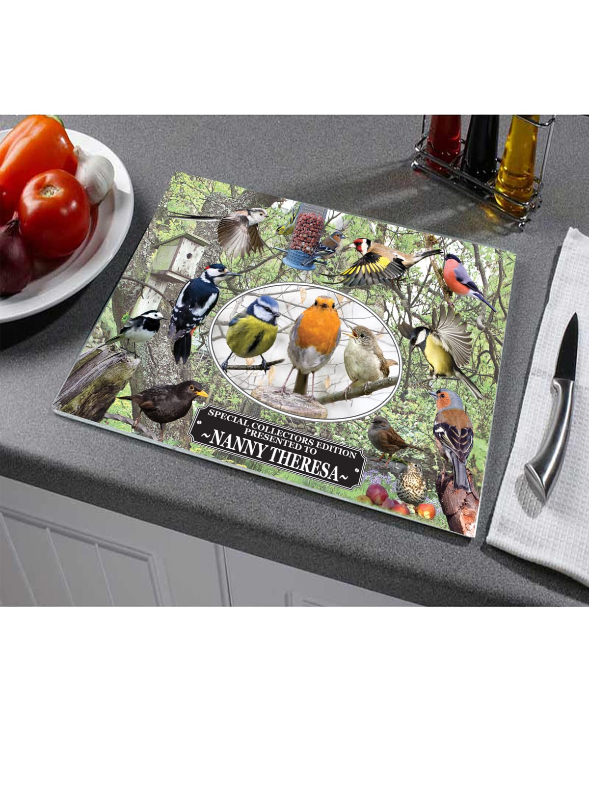 British Garden Birds Personalised Toughened Glass Heat Resistant Worktop Saver Cutting and Chopping Board Gift