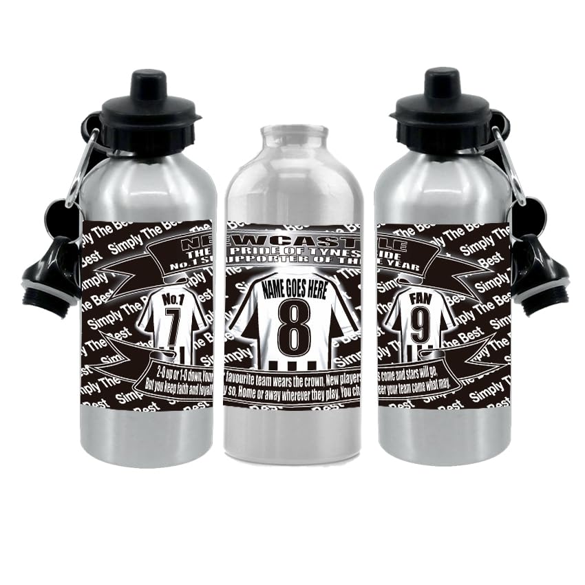 Personalised Newcastle Water Bottle - Football Shirt - Silver Aluminium Two Lids - Unisex Gift