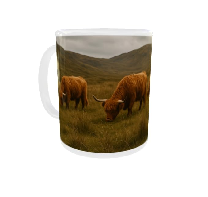 Scottish Highland Cow Ceramic Mug ā 11oz Coffee Cup with Cute Cow Print | Farm Animal Gift for Her or Him | Rustic Country Tea Mug for Home or Office