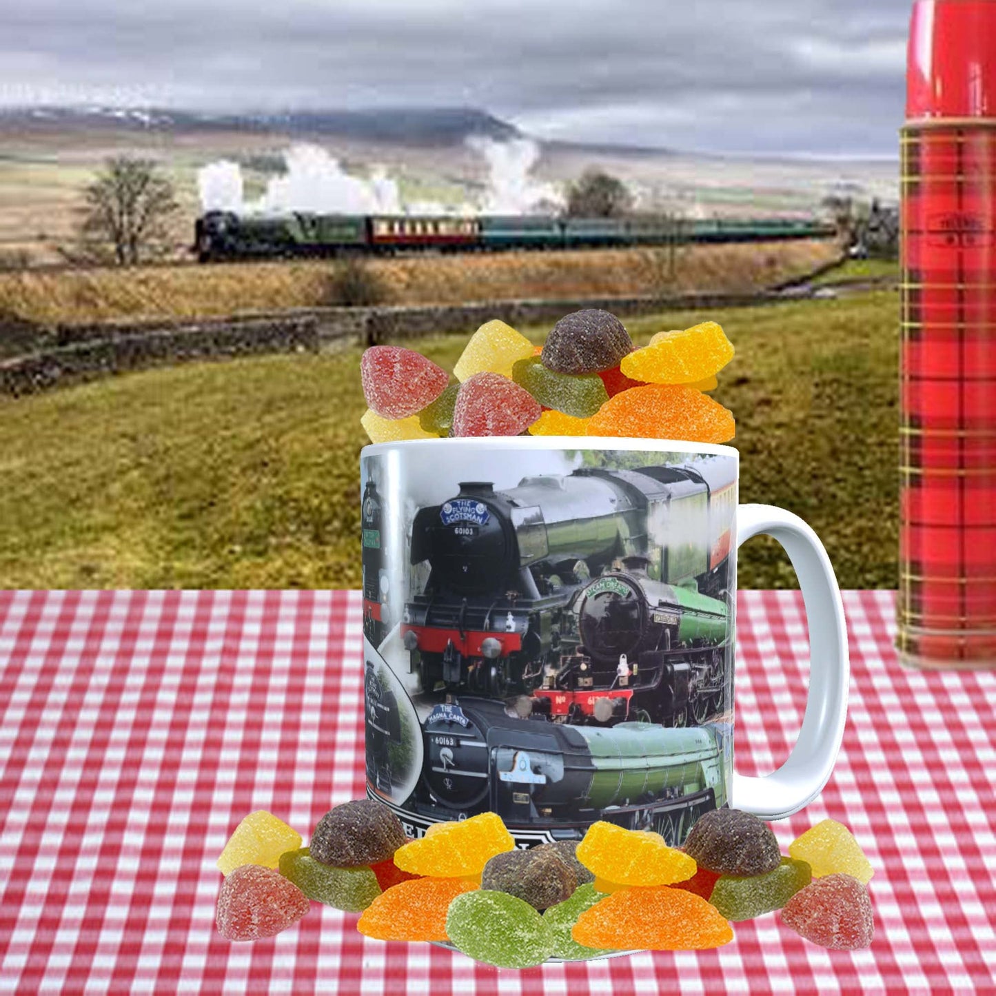 Classic Iconic Steam Locomotive Trains Personalised Mug with Choice of Sweets Gift