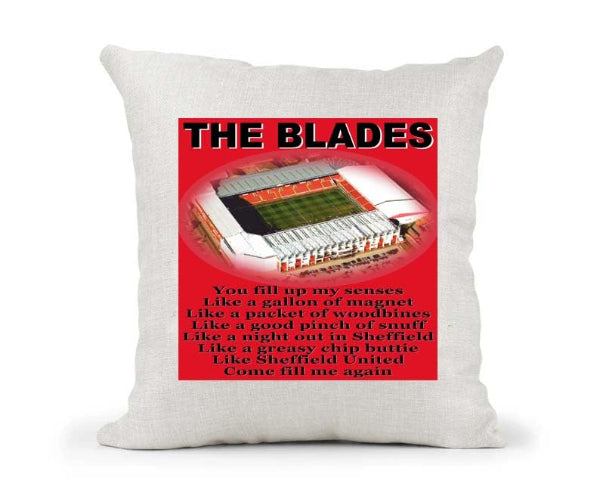 Pillow with 'The Blades' stadium design and text on a white background