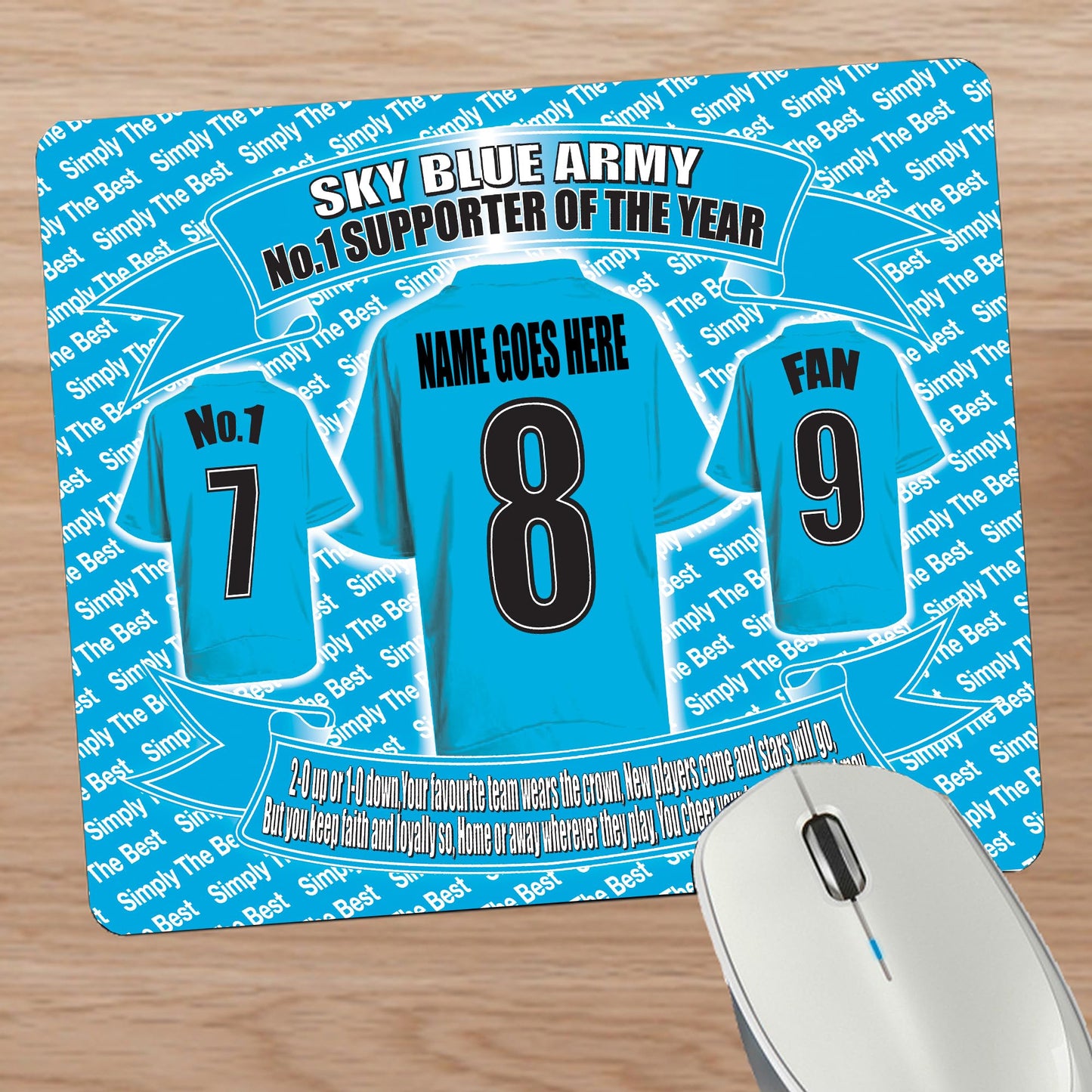 Mouse pad with sports jersey design and text on a wooden surface