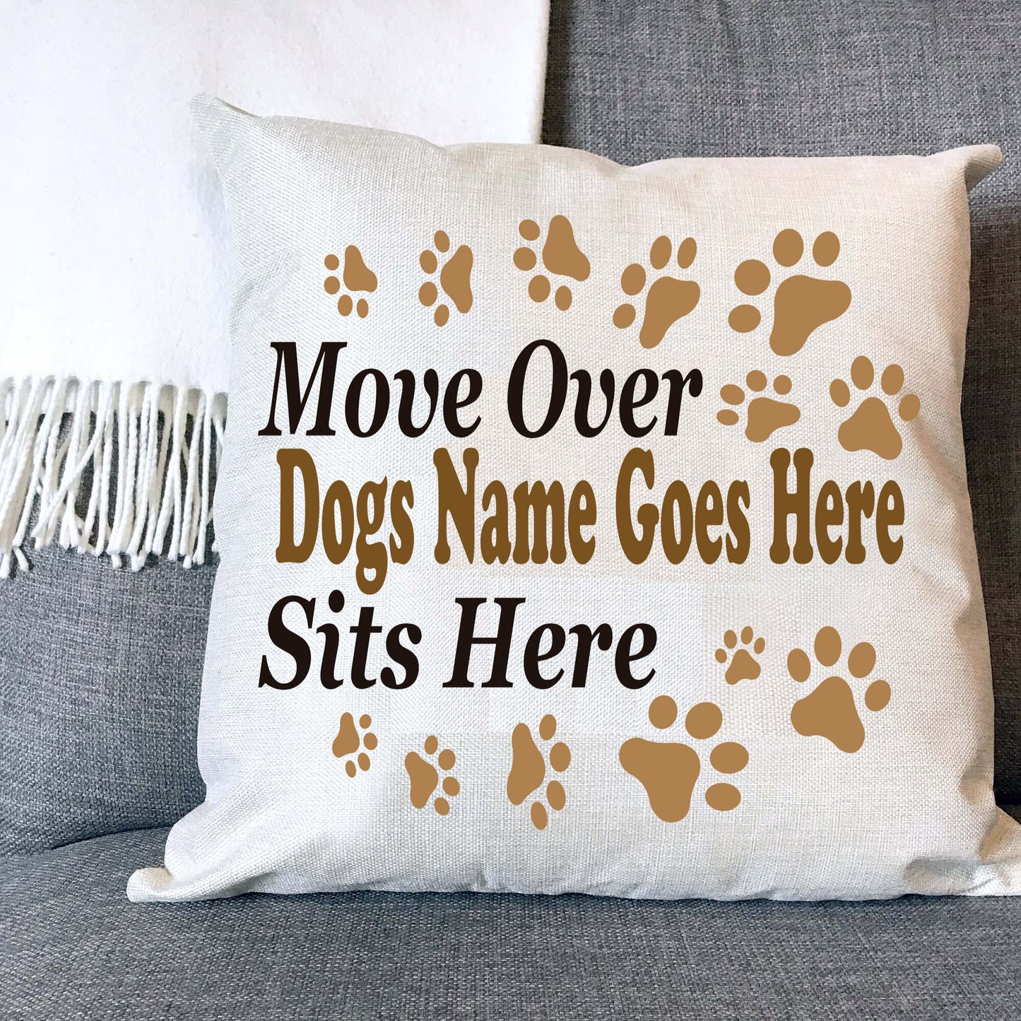 Move Over Pet Name Paw Print Personalised Naturally Woven Linen Style Cushion Cover Pillow Gift