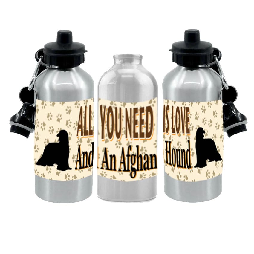 Afghan Hound Water Bottle - All You Need Is Love - Silver Aluminium - Two Lids - Unisex Gift