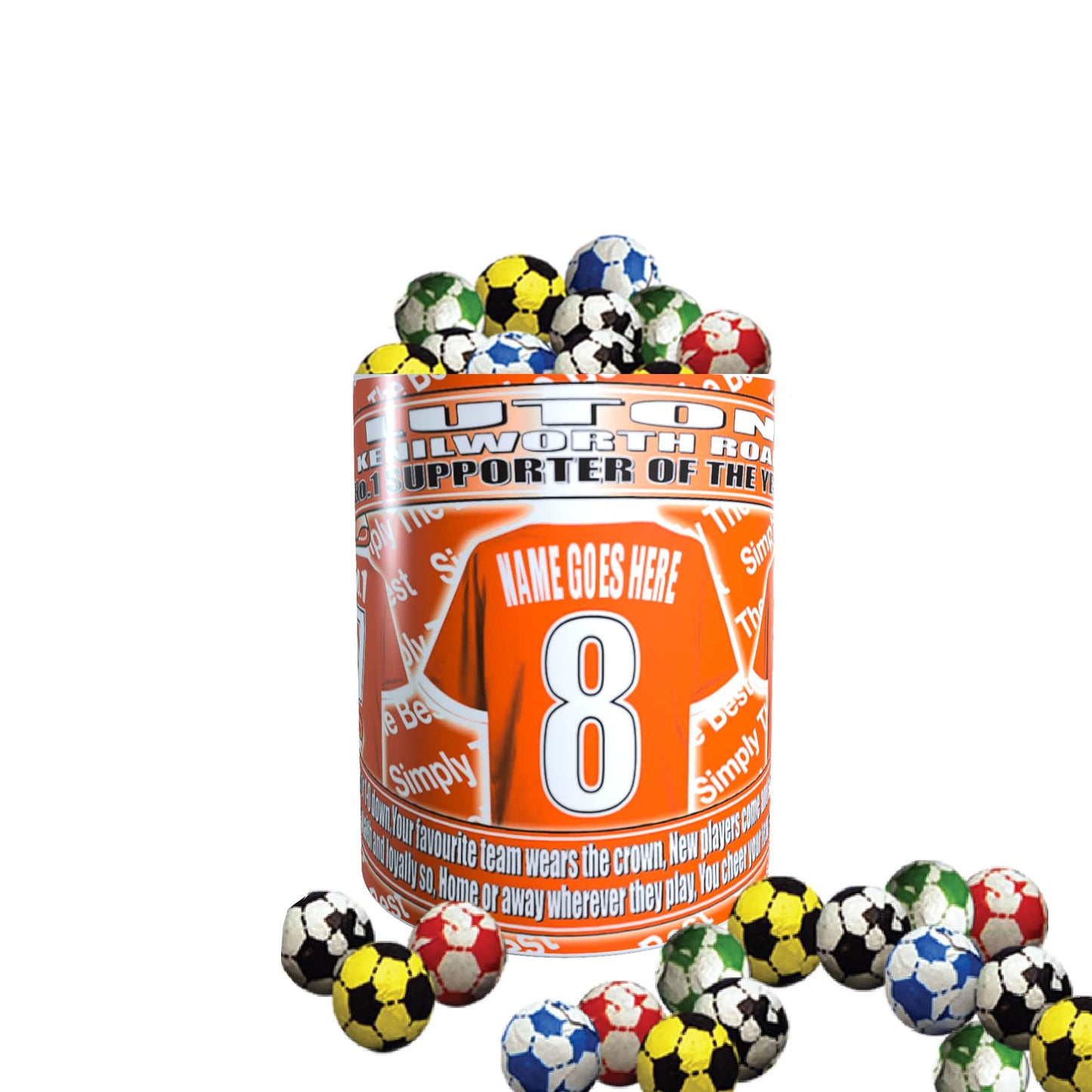 Luton Football Team Shirt Personalised Mug Gift with Chocolate Footballs