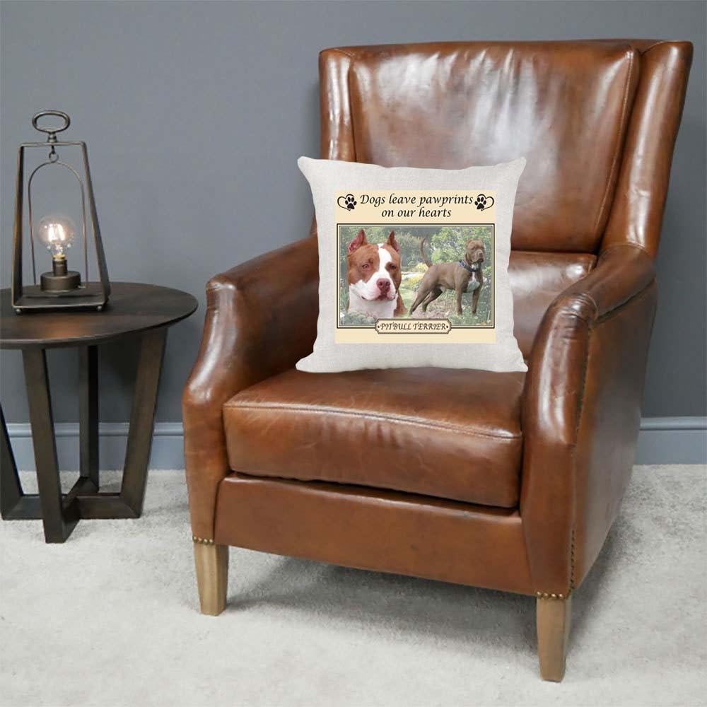 Pitbull Terrier Dogs Leave Pawprints on our Hearts Country Canvas Style Cushion Cover Gift