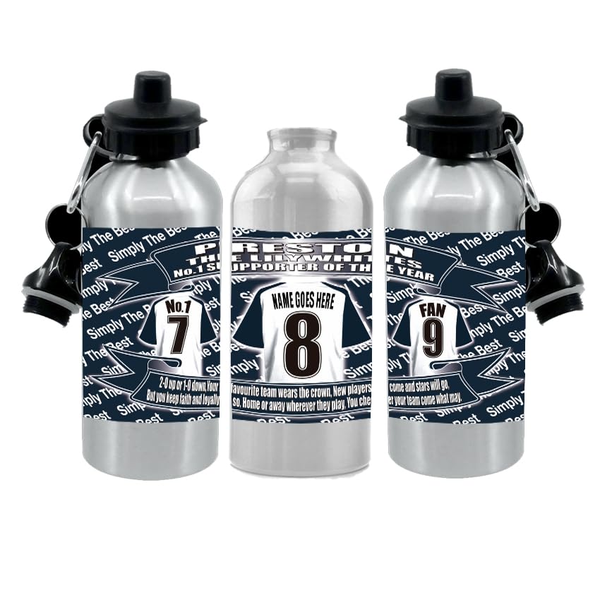 Pres(ton) Personalised Football Shirt Silver Aluminium Two Lid Unisex Water Bottle Gift
