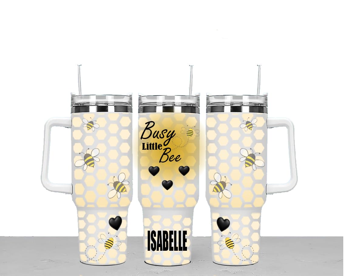 Busy Little Bee Personalised Large Unisex 40oz Stainless Steel Travel Cup Tumbler Gift with Carry Handle, Lid and Straw