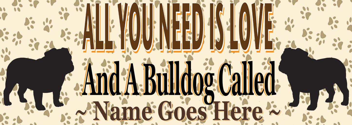 Personalised Bulldog Water Bottle - All You Need Is Love - Silver Aluminium - Two Lids - Unisex Gift