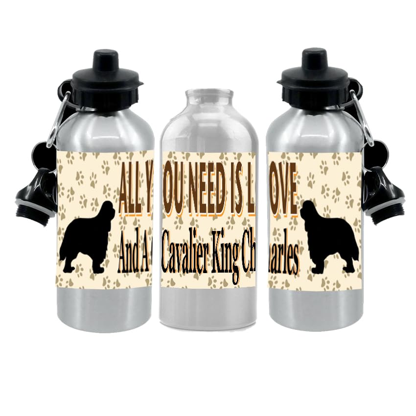 Cavalier King Charles Water Bottle - All You Need Is Love - Silver Aluminium - Two Lids - Unisex Gift