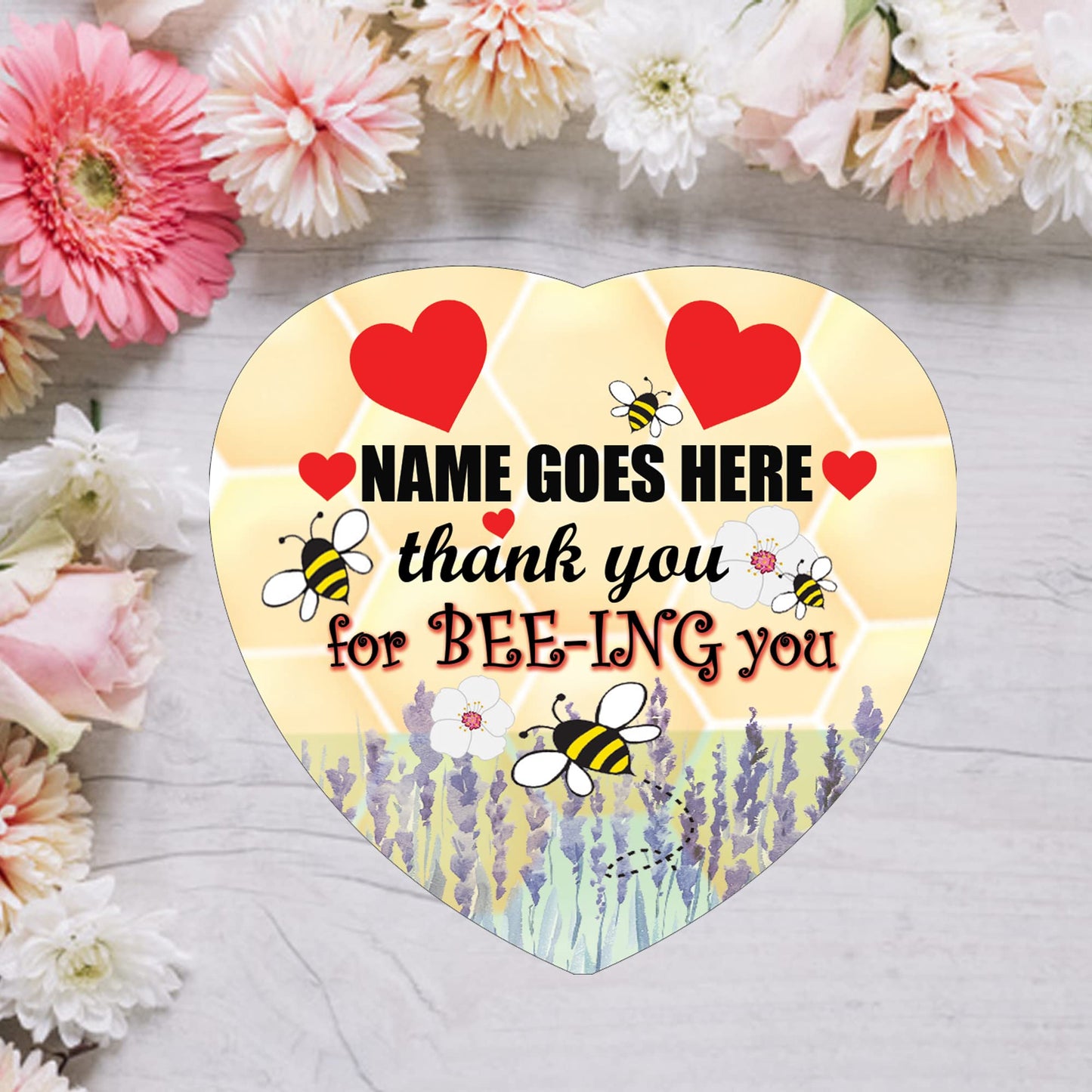 Thank You For BEE-ING You Personalised Hanging Heart Ceramic Keepsake With Honeycomb Bee Hexagon Shape & Red Hearts Setting Gift