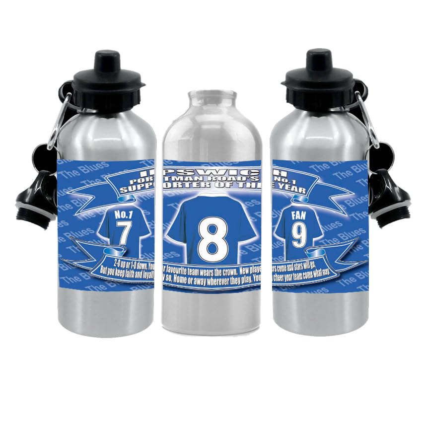 Ipswich Water Bottle - Football Shirt - Silver Aluminium Two Lids - Unisex Gift