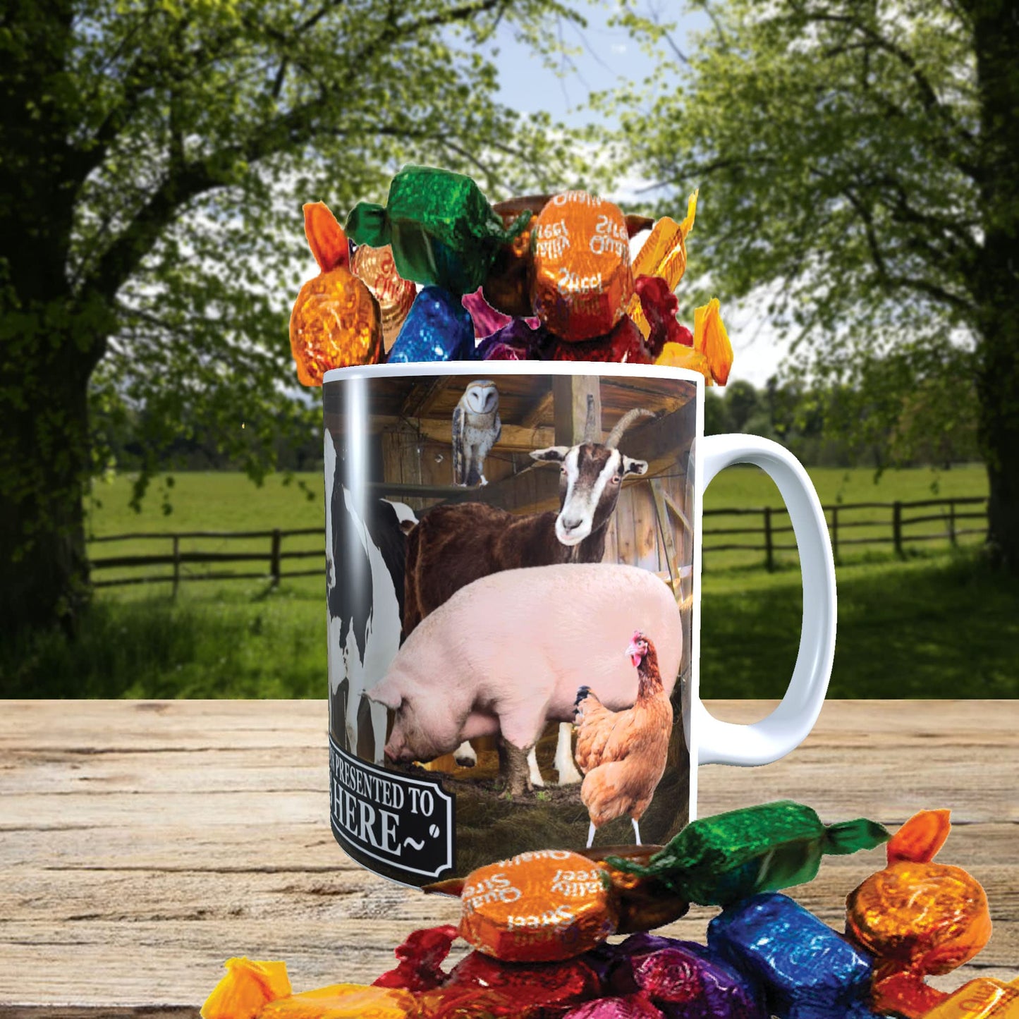 Farm Animals Barn Gathering Personalised Mug with a Choice of Sweets Gift