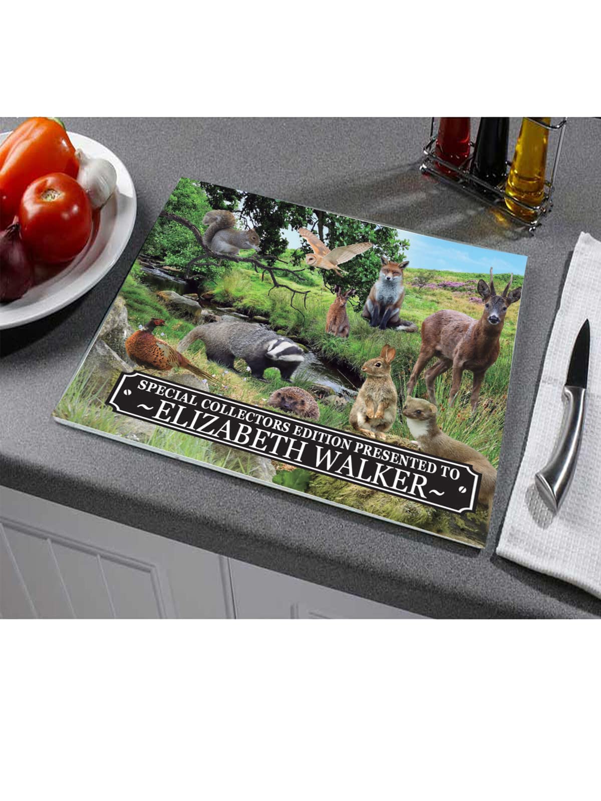British Countryside Wildlife Animals Personalised Toughened Glass Heat Resistant Worktop Saver Cutting and Chopping Board Gift