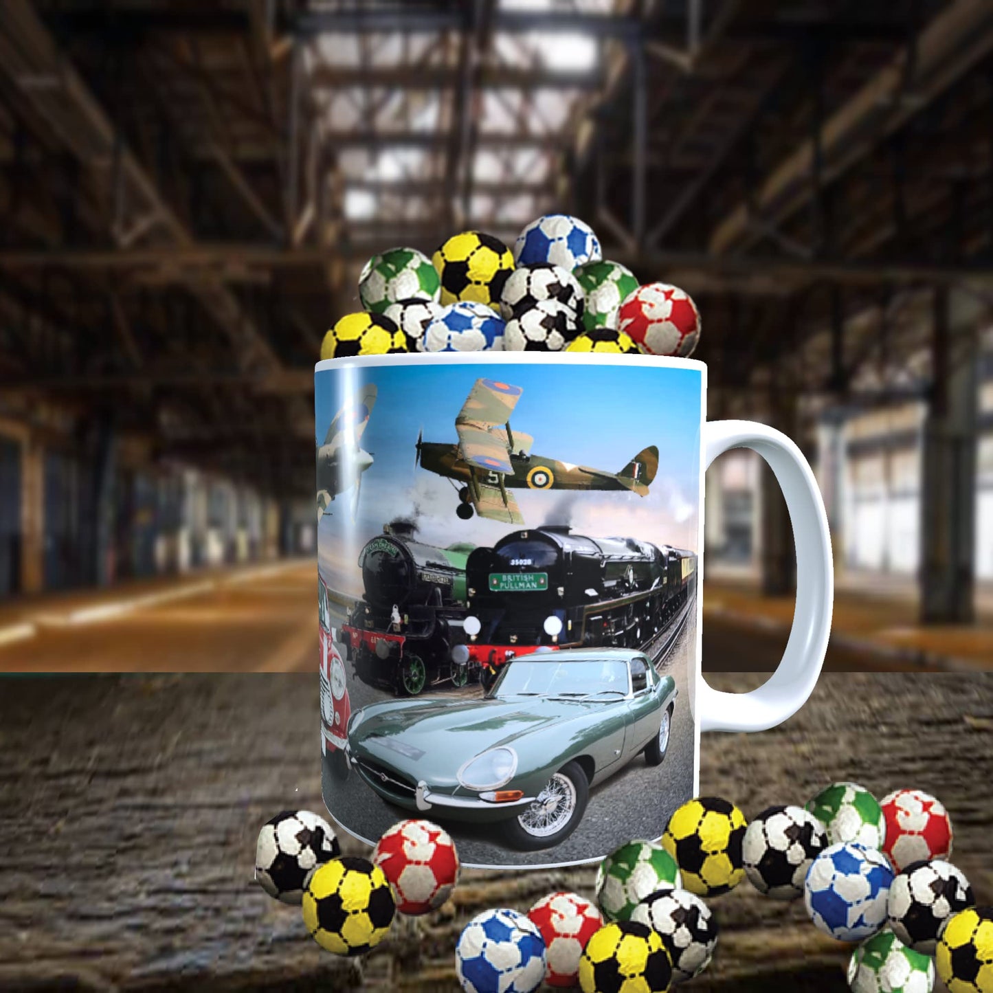 Planes Trains and Automobiles Classic Car & Transport Icons Mug with Choice of Sweets Gift