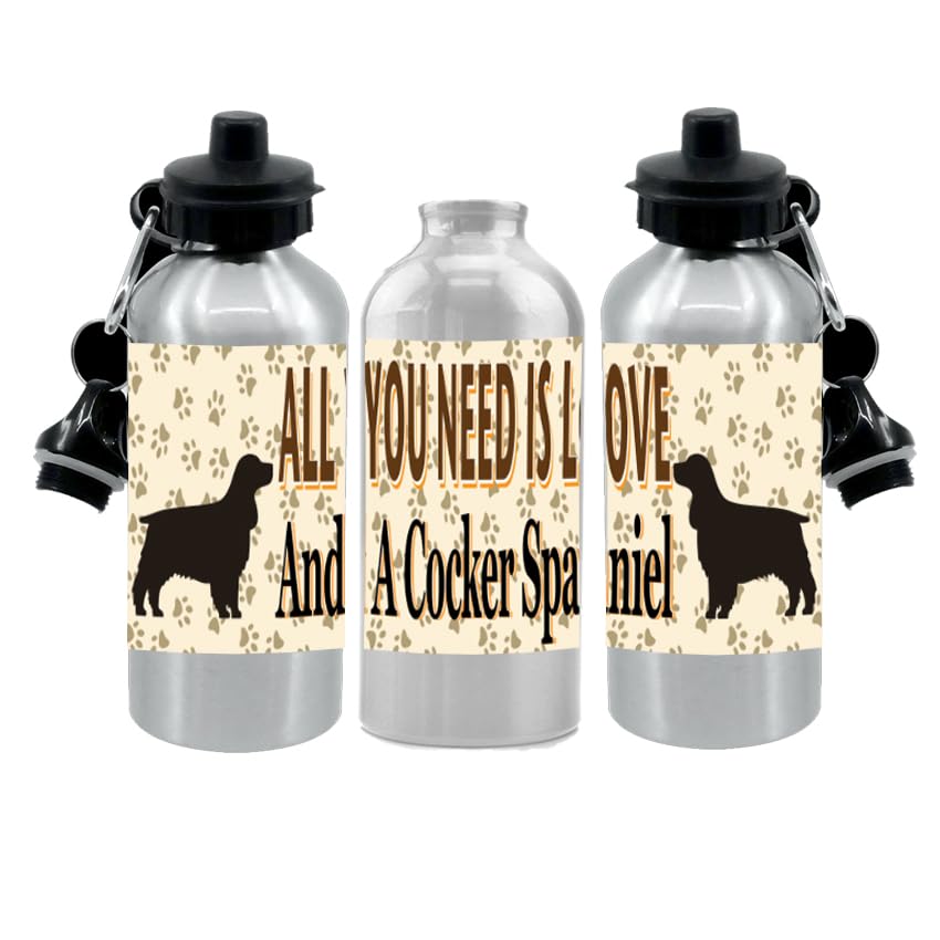 Cocker Spaniel Water Bottle - All You Need Is Love - Silver Aluminium - Two Lids - Unisex Gift