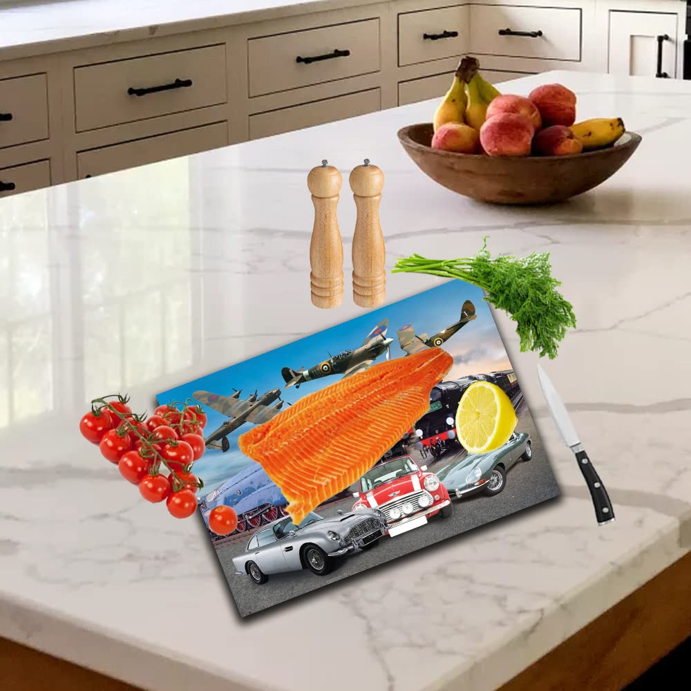 Planes Trains and Automobiles Classic Car & Transport Icons Toughened Glass Heat Resistant Worktop Saver Cutting and Chopping Board Gift