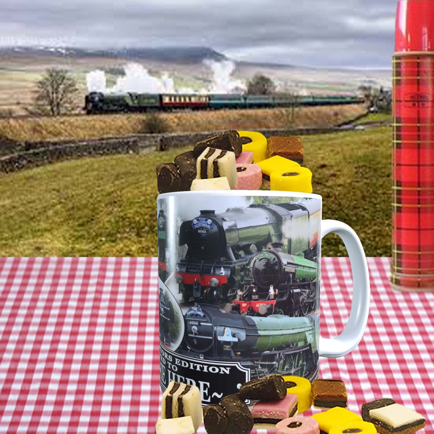 Classic Iconic Steam Locomotive Trains Personalised Mug with Choice of Sweets Gift
