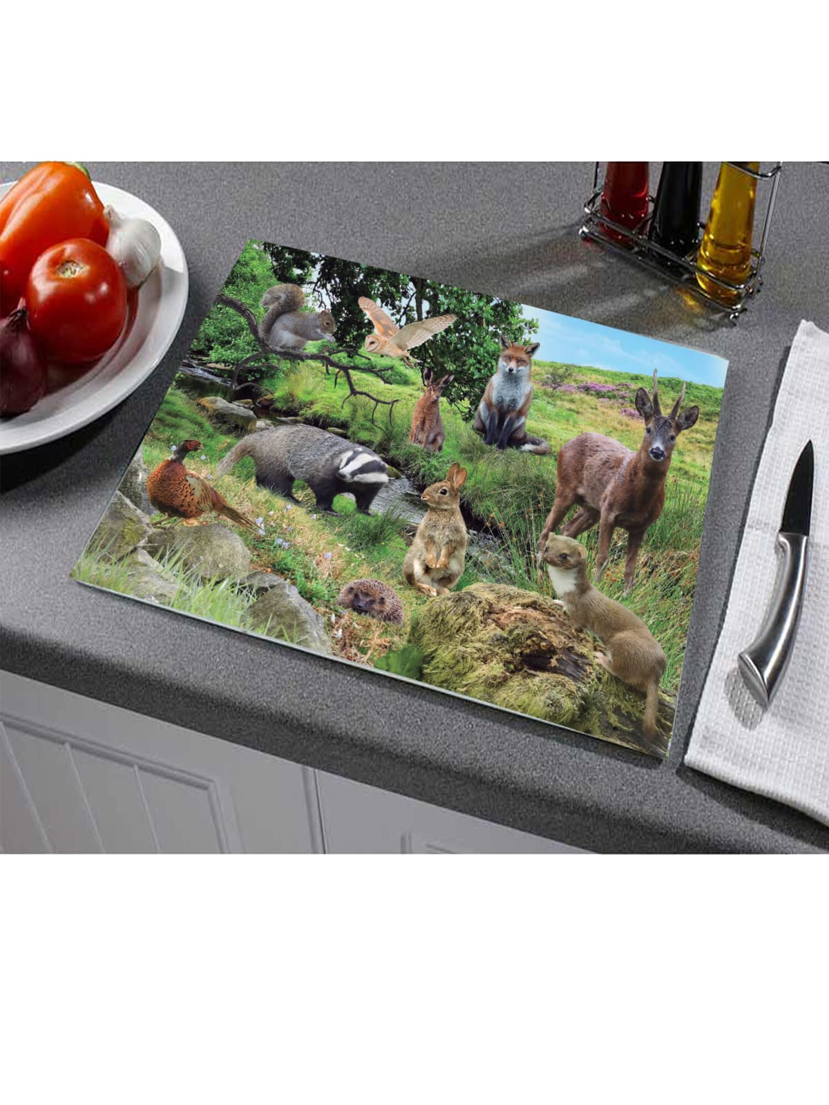 British Countryside Wildlife Animals Toughened Glass Heat Resistant Worktop Saver Cutting and Chopping Board Gift