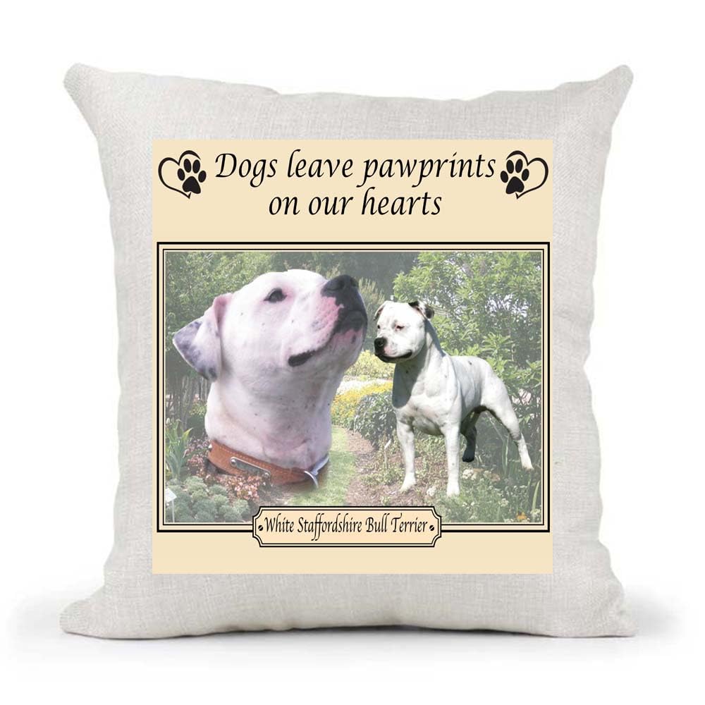 White Staffordshire Bull Terrier Staffy Dogs Leave Pawprints on our Hearts Country Canvas Style Cushion Cover Gift