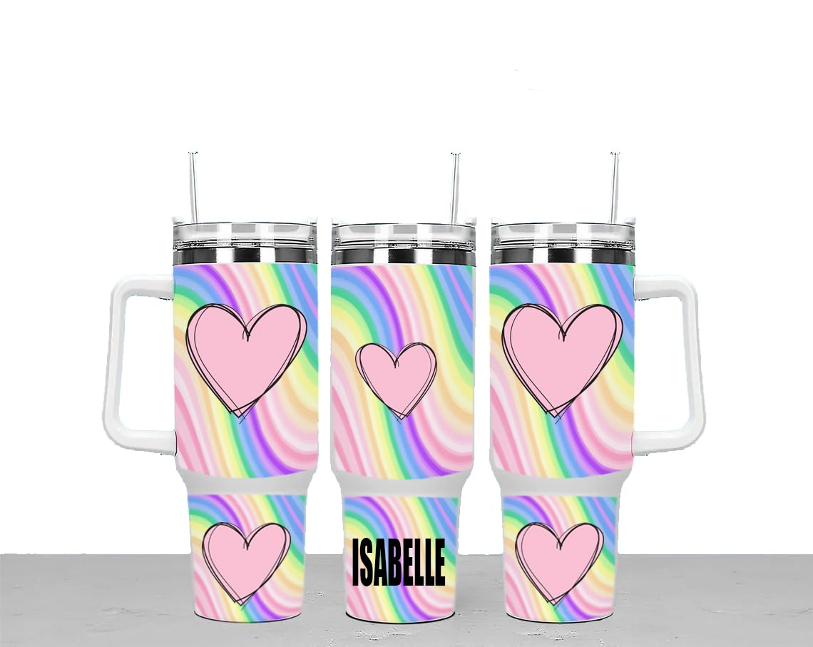 Rainbow & Hearts Personalised Large Unisex 40oz Stainless Steel Travel Cup Tumbler Gift with Carry Handle, Lid and Straw