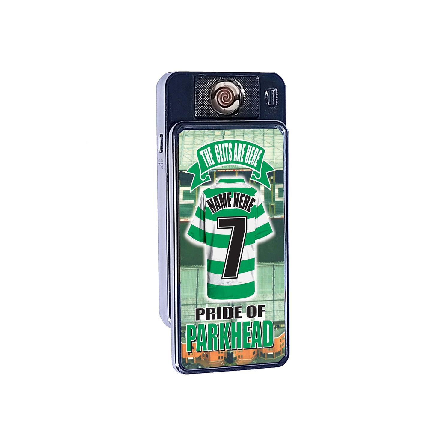 The Celts Personalised Football Shirt Rechargeable Gift Boxed Silver Metal USB Lighter Team-Celtic, 70mm x 38mm x 11mm