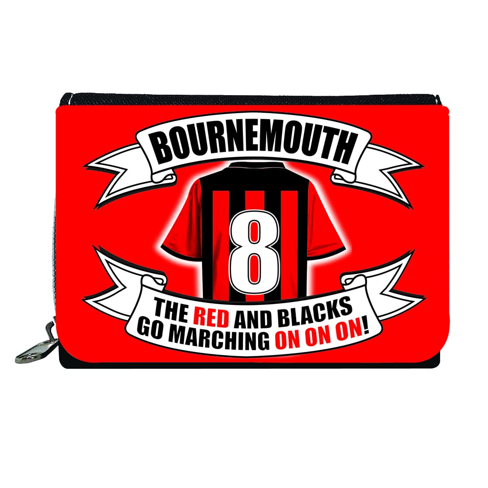 Red pouch with Bournemouth football club design featuring a shirt and text.