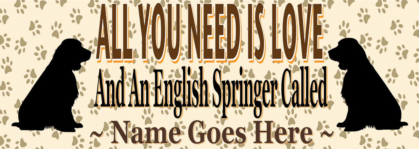 Personalised English Springer Water Bottle - All You Need Is Love - Silver Aluminium - Two Lids - Unisex Water Bottle Gift