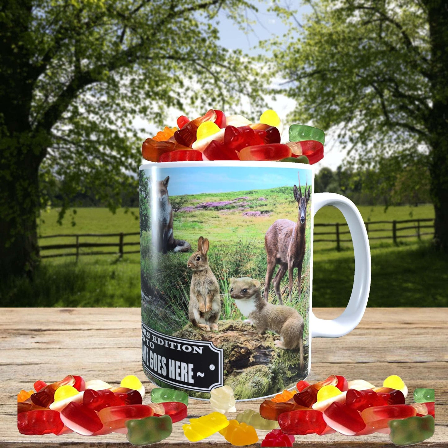 British Countryside Wildlife Animals Personalised Mug with a Choice of Sweets Gift