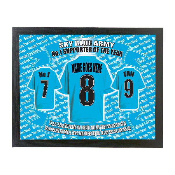Framed print with blue sports jerseys and text on a blue background