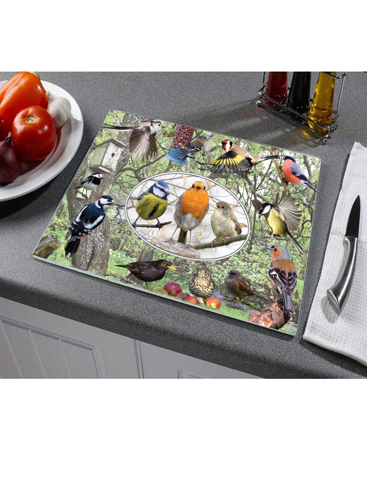 British Garden Birds Toughened Glass Heat Resistant Worktop Saver Cutting and Chopping Board Gift