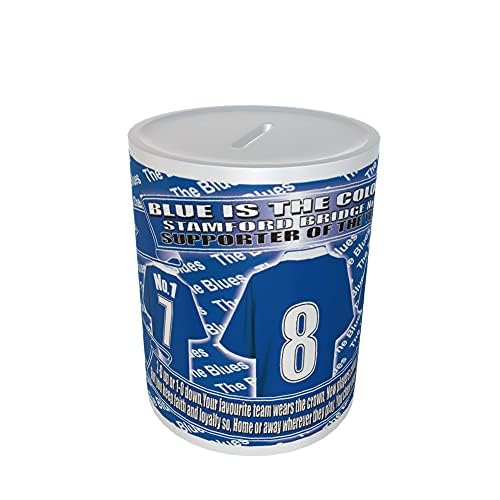 Blue and white money box with sports team design on a white background
