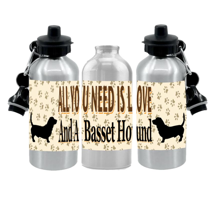 Basset Hound Water Bottle - All You Need Is Love - Silver Aluminium - Two Lids - Unisex Gift