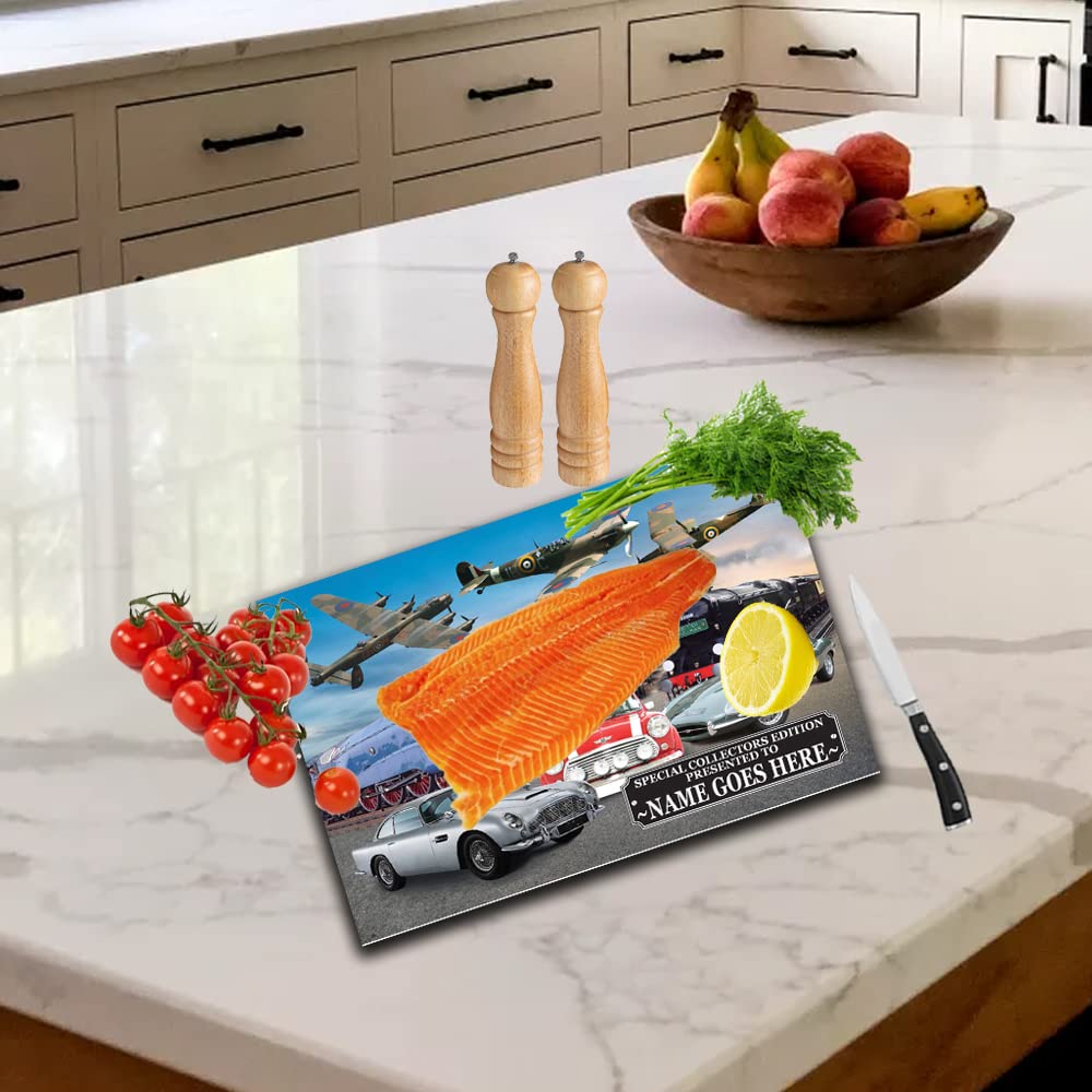 Planes Trains and Automobiles Classic Car & Transport Icons Personalised Toughened Glass Heat Resistant Worktop Saver Cutting and Chopping Board Gift