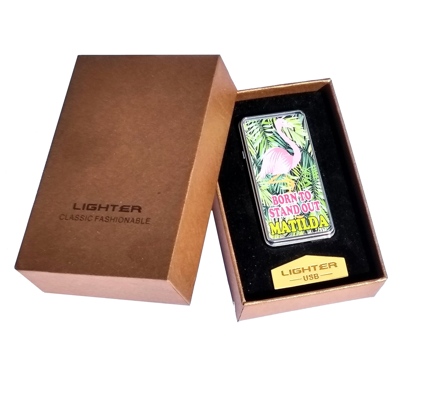 Flamingo Born to Stand Out Personalised Rechargeable Gift Boxed Silver Metal USB Lighter Wedding Favour