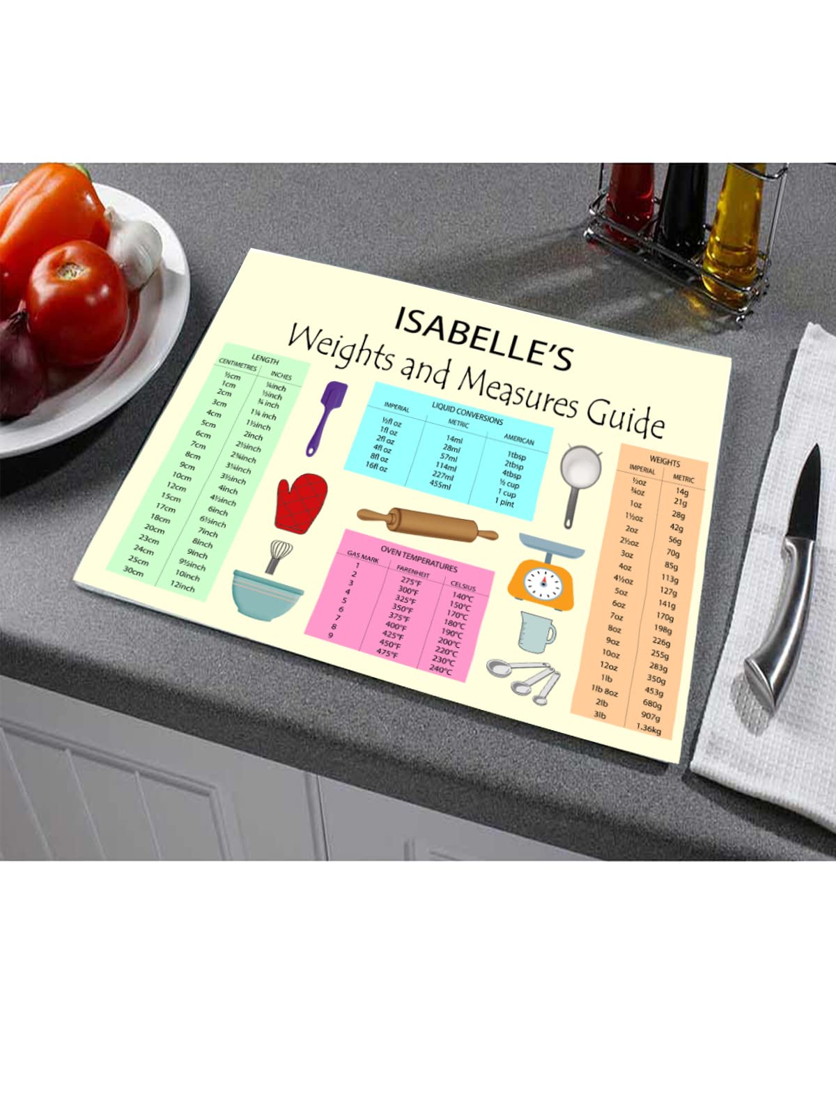 Weights and Measures Personalised Toughened Glass Heat Resistant Worktop Saver Cutting and Chopping Board Gift