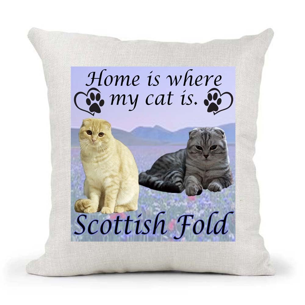 Scottish Fold Breed Home is Where My Cat is Kitten Slave Owner Country Canvas Style Cushion Cover Gift