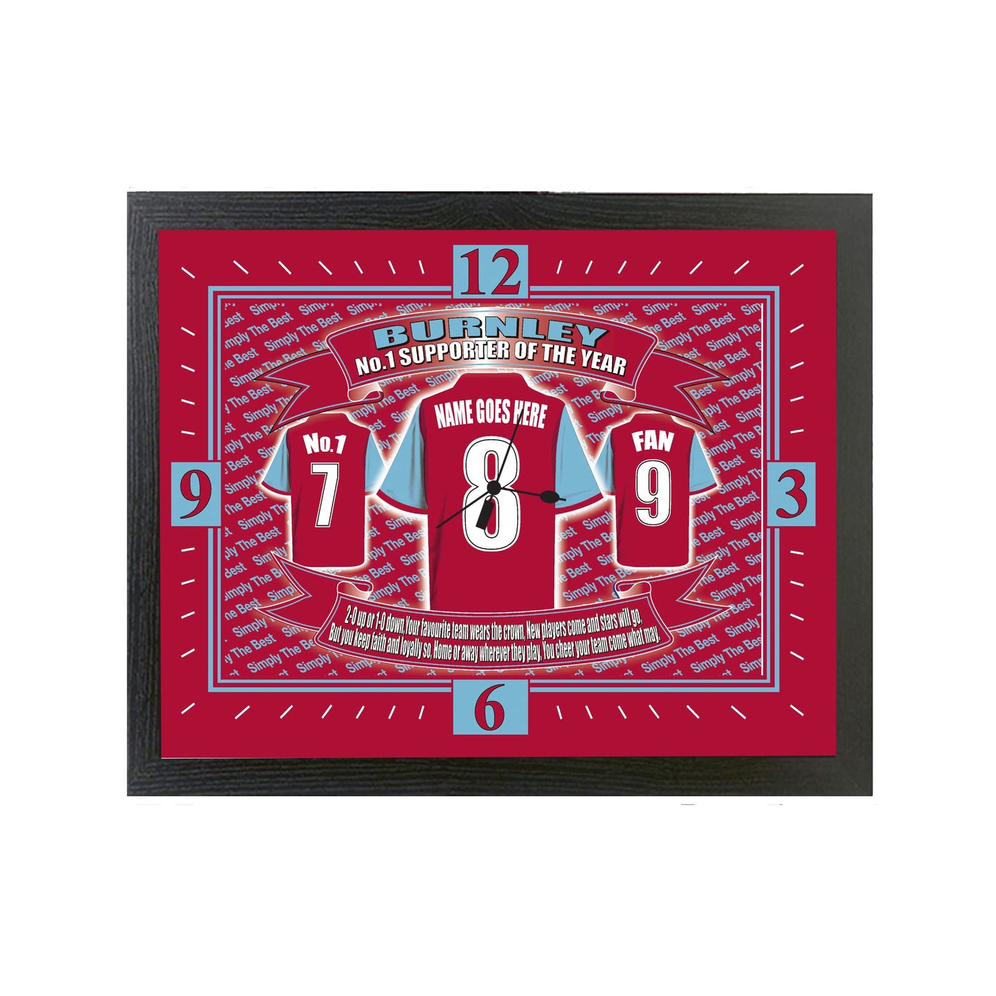 Burnley Football Shirt Personalised Clock Gift Present
