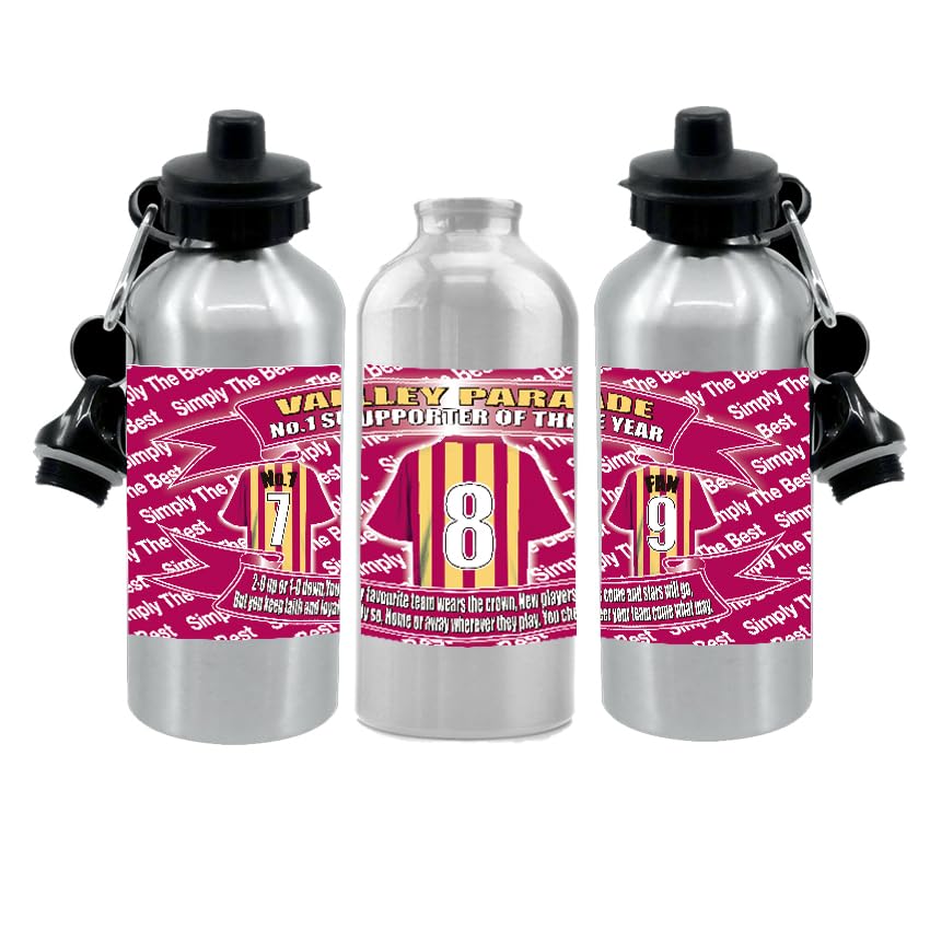 Bradford Water Bottle - Football Shirt - Silver Aluminium Two Lids - Unisex Gift