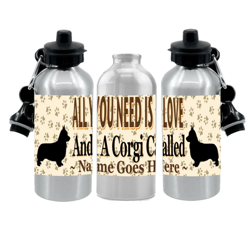 Personalised Corgi Water Bottle - All You Need Is Love - Silver Aluminium - Two Lids - Unisex Gift