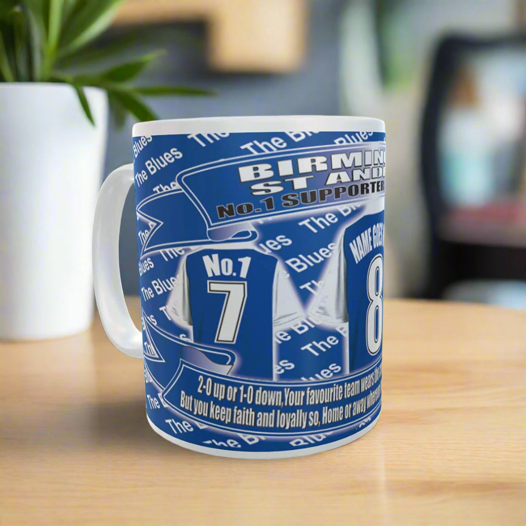 Blue and white mug with text and number design on a white background