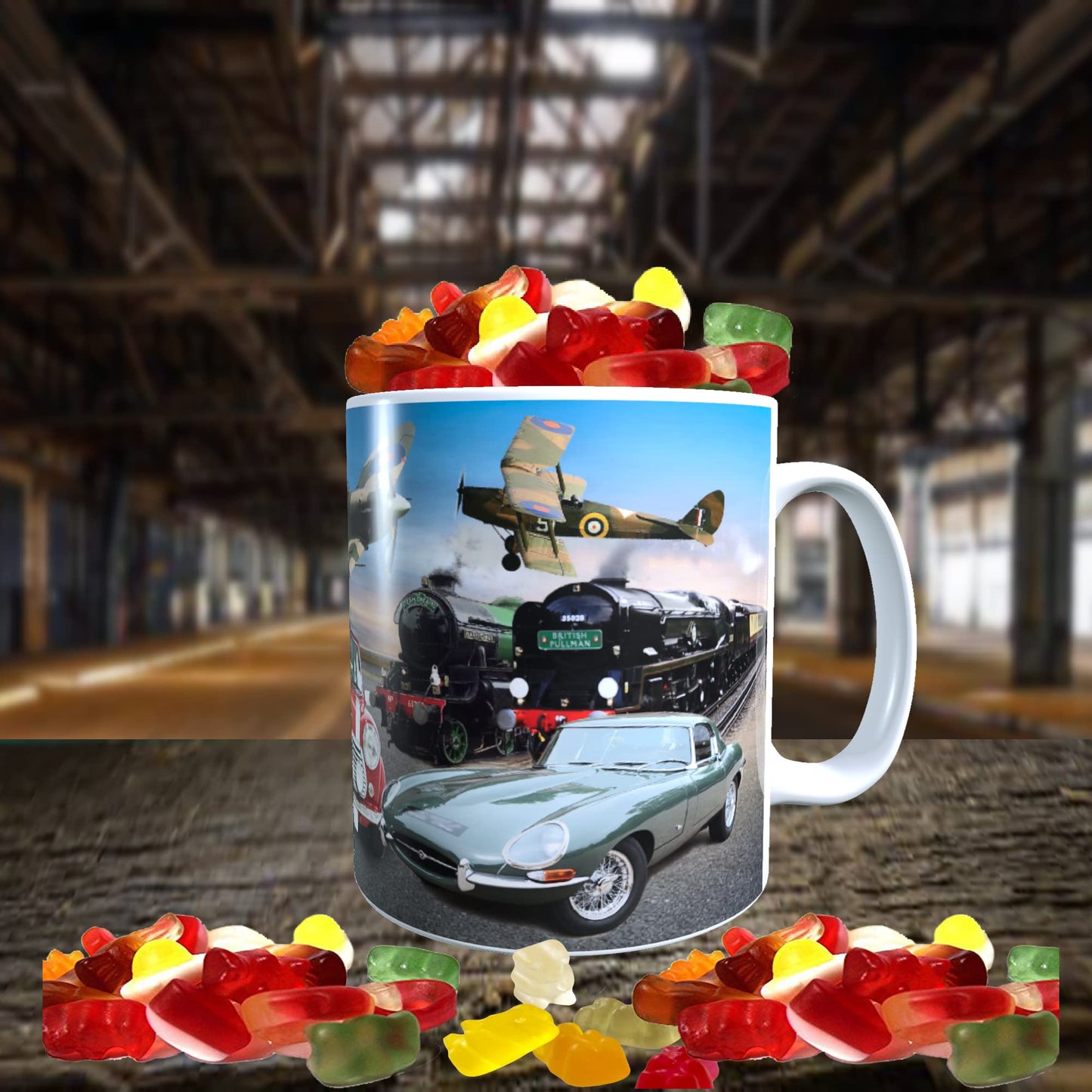 Planes Trains and Automobiles Classic Car & Transport Icons Mug with Choice of Sweets Gift