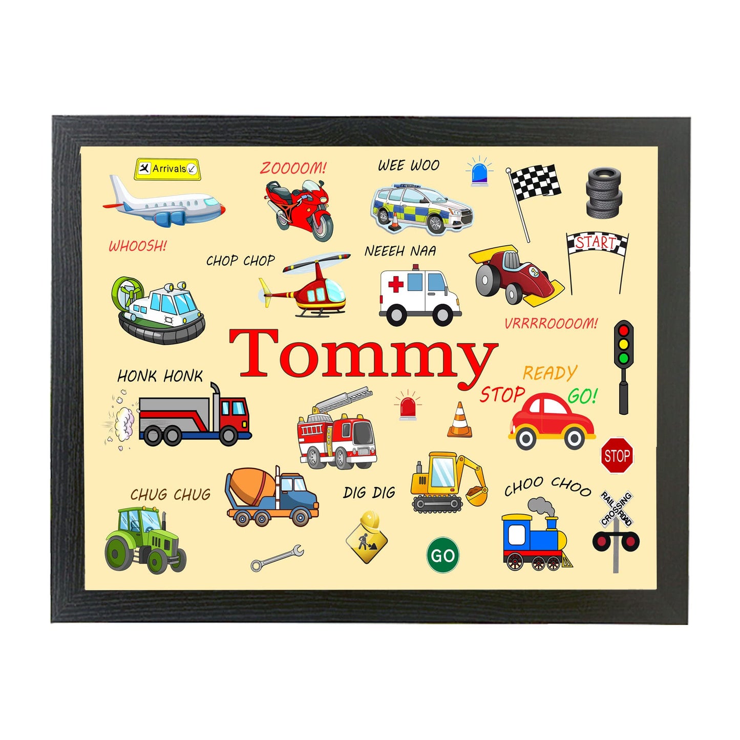 Junior Personalised Fun Cartoon Vehicles Choice Of Two Colours Design Soft Cushion Lap Tray Gift