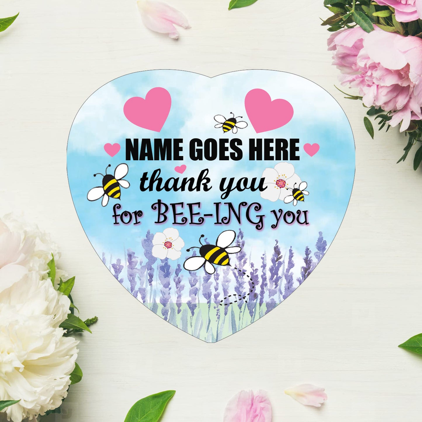 Thank You For BEE-ING You Personalised Hanging Heart Ceramic Keepsake With Blue Sky & Pink Hearts Setting Gift