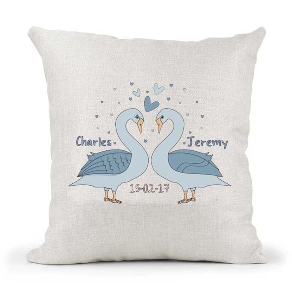 Cute Male Gay Couple Swans Valentines Day Anniversary Personalised Country Canvas Style Cushion Cover Gift
