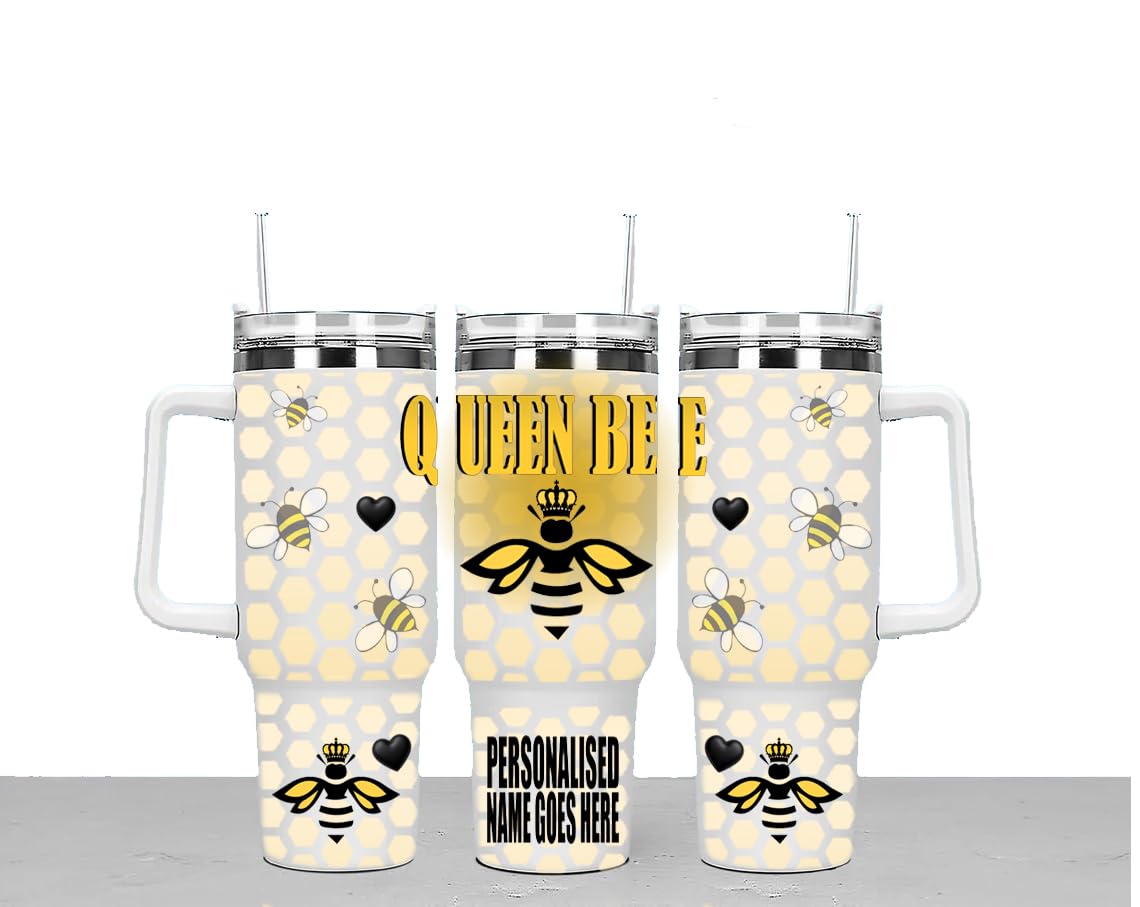 Queen Bee Personalised Large Unisex 40oz Stainless Steel Travel Cup Tumbler Gift with Carry Handle, Lid and Straw