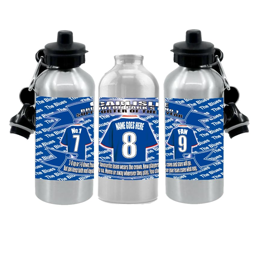 Carlisle Personalised Football Shirt Silver Aluminium Two Lid Unisex Water Bottle Gift